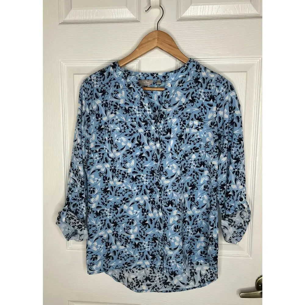 Coral Bay Women's Blue Floral Print Blouse Top Roll Tab Sleeves Size Small - Picture 4 of 8